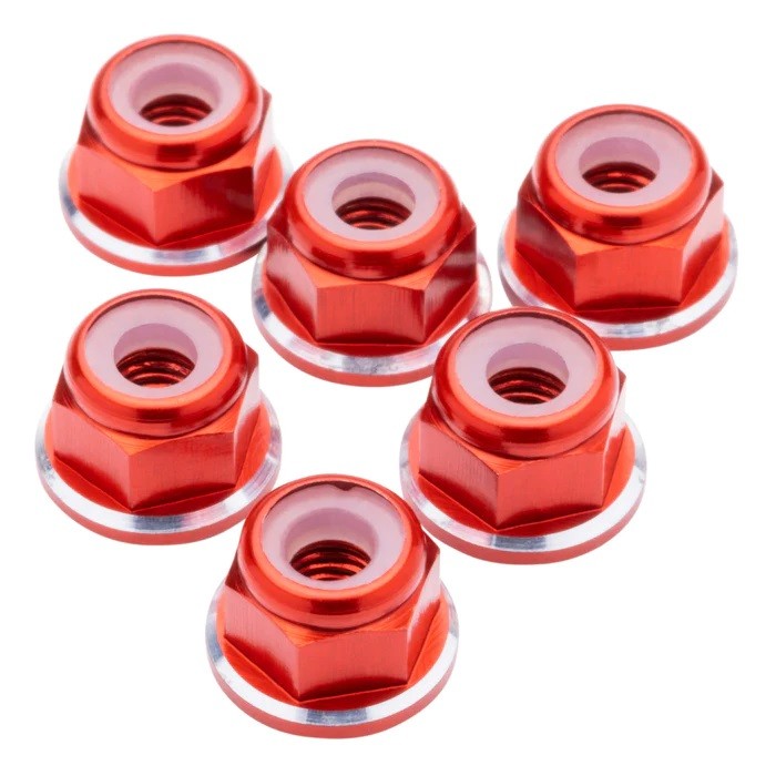 1up Racing M3 Premium Aluminum Flanged Locknuts - Red Shine (6)